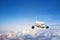 Flight, airplane flying in blue sky, travel background