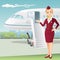 Flight attendant with the background of commercial airplane