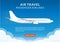 Flight banner with plane. Airplane in the Sky. Air Travel by passenger airlines concept, poster for web design or business