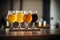 Flight of beer for tasting on a bar counter with a blurred background, generative AI