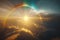 Flight through cloudscape at sunset golden hour with beautiful rainbow and lens flare. Magical fantasy sky skyline