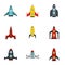 Flight in cosmo icons set, flat style
