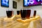 Flight craft beer glasses on wooden tray