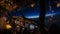 Flight deck and cockpit of a modern airliner in flight at dusk. Cruising on a beautiful colorful blue moonless sky at twilight