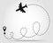 Flight of dreams. Airplane line path icon of air plane flight route with start point and dash line trace. Modern vector