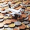 Flight Economic Turbulence Tiny Airplane Soaring over Coins Highlights the Rising Travel Expenses. ai generative