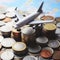 Flight Economic Turbulence Tiny Airplane Soaring over Coins Highlights the Rising Travel Expenses. ai generative