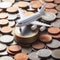 Flight Economic Turbulence Tiny Airplane Soaring over Coins Highlights the Rising Travel Expenses. ai generative