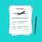 Flight insurance checklist paper form document vector or business airlines risk safety assurance agreement policy flat cartoon