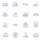 Flight line icons collection. Aviation, Departure, Arrival, Takeoff, Landing, Jetlag, Turbulence vector and linear