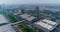 Flight near the Pazhou Exhibition Complex. International exhibition Canton Fair. Aerial view. Pazhou Exhibition Complex