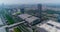 Flight near the Pazhou Exhibition Complex. International exhibition Canton Fair. Aerial view. Pazhou Exhibition Complex