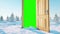 Flight through an open door. Portal through winter landscape. Green screen. Realistic 4k animation.