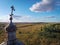 Flight over an abandoned church, ancient abandoned and ruined church, dilapidated red brick temple