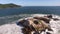 Flight over beautiful tropical beach Pernambuco in Guaruja. Waves crashing on rocks, sea green