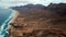 Flight over desert beach on Fuerteventura island, Spain