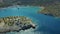 Flight over the entrance to the Bay panormitis, the monastery on the old SIM and, view from the drone. Bright sun, a