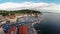 Flight over old city Piran, aerial panoramic view.