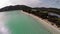 Flight over sea bay in France, Corsica, Santa Giulia beach. Aerial view.