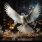 Flight of Peace: White and Golden Dove Soaring Amidst Lilies in the Holiday Season