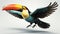 flight pose of a toucan, highlighting its colorful beak and wings against a clean white setting or suitable background