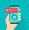 Flight review or feedback online from smartphone vector illustration, flat cartoon mobile phone and plane and