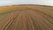 Flight and takeoff above wheat field, aerial view.