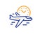 Flight time line icon. Airplane with clock sign. Vector