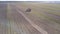 Flight to modern potato combine loading truck on field