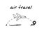 Flight travel handdrawn illustration. Cartoon vector clip art of flying plane followed by a dotted line trace to the destination