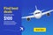 Flight travel trip banner for online booking. Vector Airplane ticket online sale design promo template