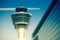 Flights management air control tower passenger terminal and flying plane