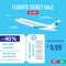 Flights ticket sale, landing page. Sale of air tickets with large discount. Boarding pass and plane taking off