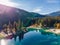 Flims lake at Switzerland drone aerial, alpine mountains, sunny, summer landscape, blue water