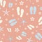 Flip flop shoe seamless vector pattern background. Stylish sandals, starfish, cowrie shell backdrop in coral pink and