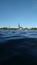 Flipped shot of the city of Riga in Latvia from across the sea