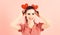 Flirt, emotions, Valentine, good mood concept. Girl with cheerful face, make up and red hearts. Woman in stylish dress