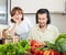 Flirting couple cooking together