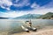 Float plane docked at a beach on Lake Como in Italy, Europe