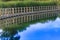 A floating boardwalk against a backdrop of cattails reflected in