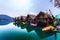 Floating Bungalows with kayaks at Khao Sok National Park, Cheow Lan Lake, Thailand