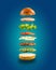 Floating burger ingredients on the blue background