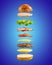 Floating burger ingredients on the blue background