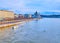 The floating bus on Danube River against Parliament building, Budapest, Hungary