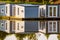 Floating cabins with nice reflection on the lake water  in a sunny day