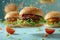 Floating cheeseburgers with ingredients scattering in a dynamic food concept