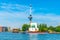 Floating chinese restaurant in front of Euromast tower in Rotterdam, Netherlands