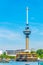 Floating chinese restaurant in front of Euromast tower in Rotterdam, Netherlands