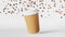 Floating coffee cup flying beans 3D animation white background 4K.Coffee to go shop levitating beverage