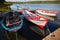 Floating Color Wooden Boats with Paddles in a Lake